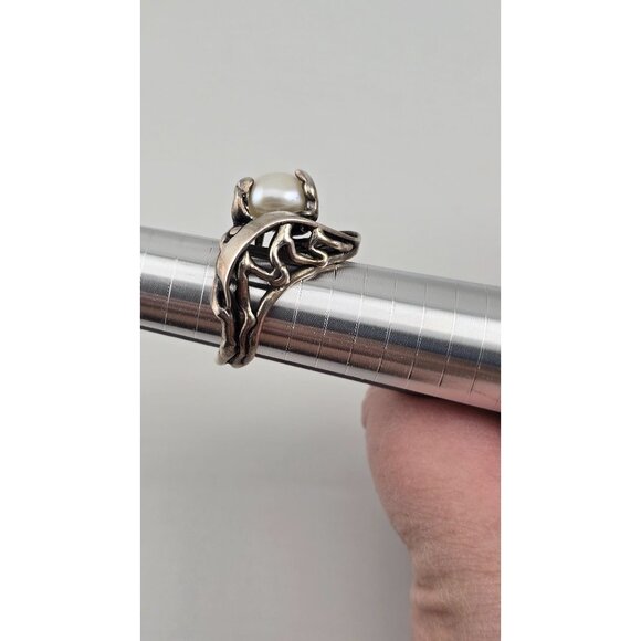 Vintage Brutalist 925 Sterling Silver Ring With Pearl Size 8 10.2g Statement - Picture 2 of 10